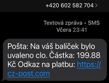 Zpráva od falešné České pošty s výzvou k zaplacení cla